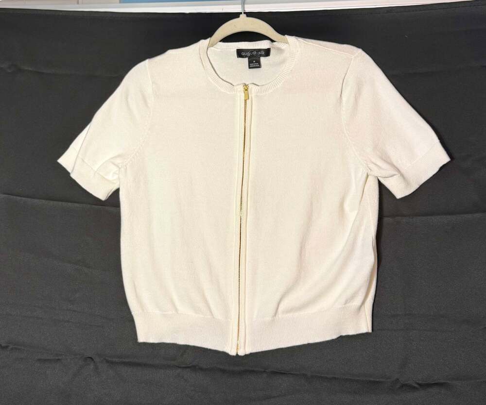 August Silk Women's Medium Ivory Cream Short Sleeve Zip Front Knit Cardigan